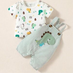 Striped overalls and dinosaur shirt